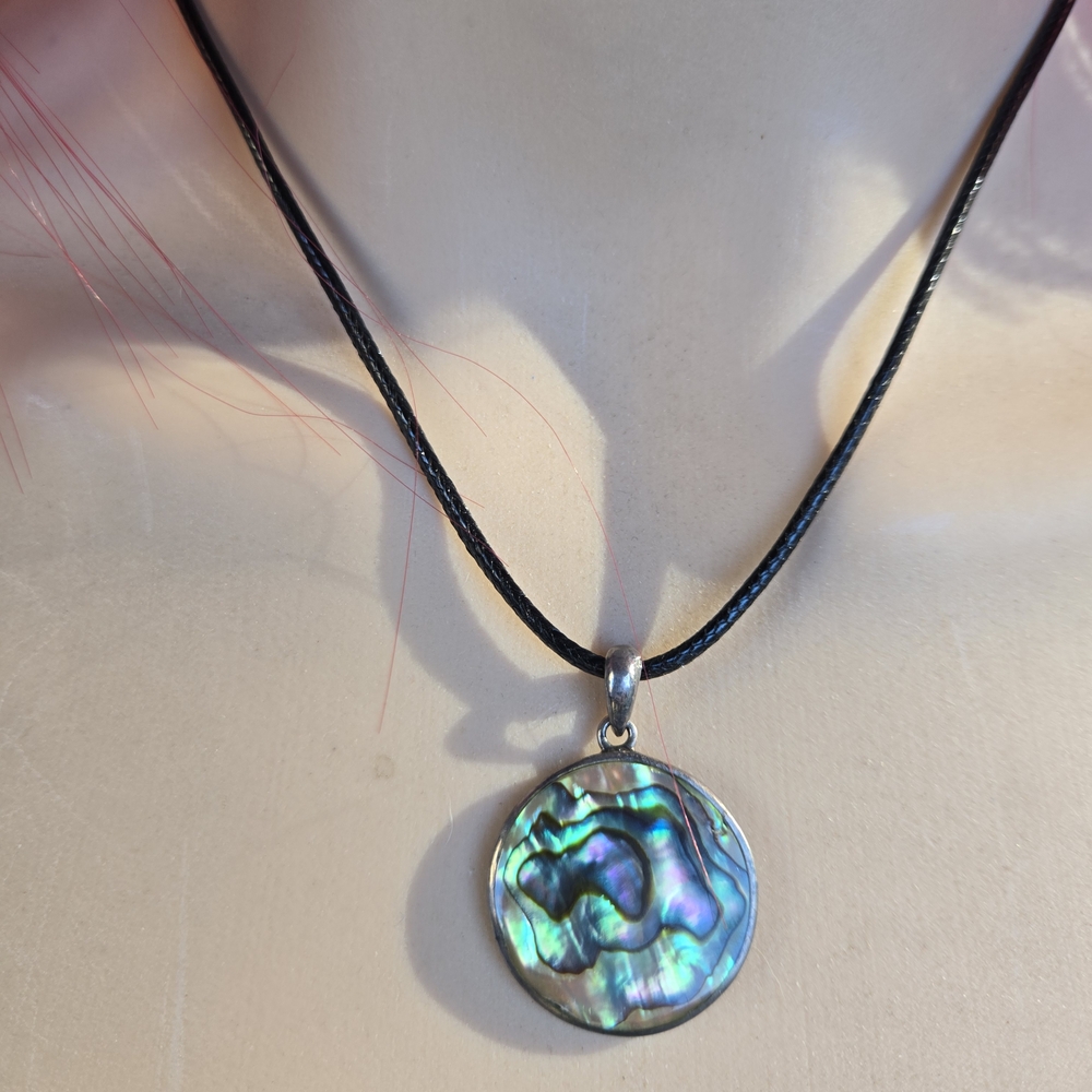 Abalone Shell Pendant Necklace on Black Cord – Iridescent Ocean Design 16" Cord
